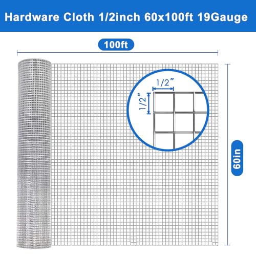 Hardware Cloth 1/2 in 60 in x 100 ft 19 Gauge Wire Mesh Roll | Heavy-duty mesh roll with uniform openings and easy shaping for Garden Fence, Raised Bed, Chicken Coop and Gopher Barrier - size: Silver 1/2" 60" x 100' 19Ga