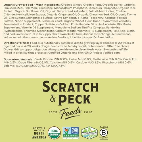 Scratch and Peck Feeds | Grower Mash for Chickens & Ducks | 10 lb Pouch | 17% Protein, Corn & Soy Free, Fermentable Whole Grains, Certified Organic & Non-GMO Project Verified, Complete Nutrition - size: 10 Pound (Pack of 1), style: Grower Feed