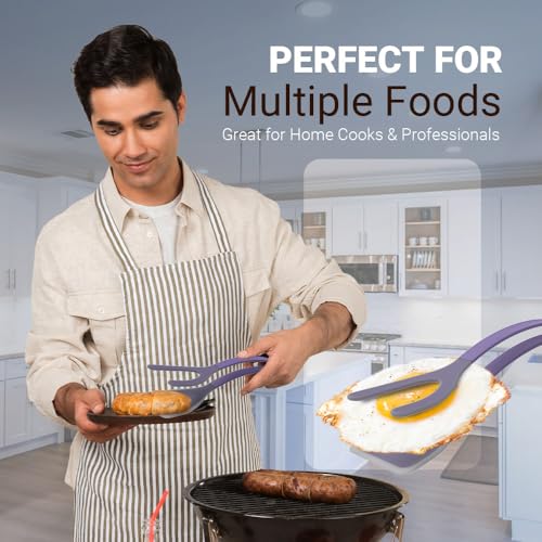 Silicone Egg Flipper Spatula Tongs (Set of 1) – Non-Stick 2-in-1 Grip & Flip Kitchen Tongs for Pancakes, Fish, Eggs, and More – Heat Resistant Cooking Tool (Purple) - color: Purple