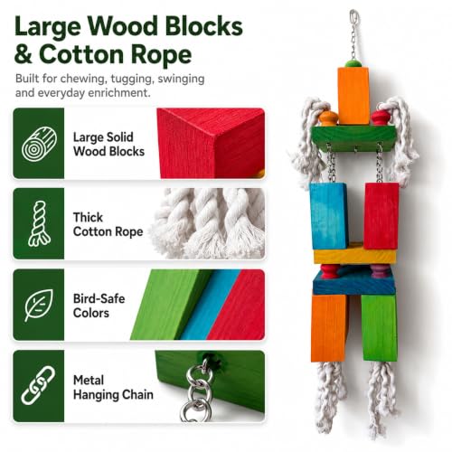 35.5" Extra Large Parrot Toys - Oversized Giant Wood Block Chew Foraging Toys for Macaws, African Grey, Amazon Parrots - Ready-to-Use Large Bird Cage Decor Gift - size: 35.5"