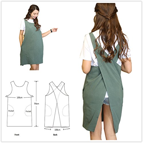 Cotton Linen Japanese Apron Halter Cross Back Bandage X Shape Aprons Two Pockets - color: Army Green