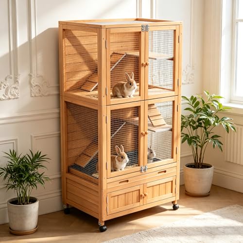 Wooden Rabbit Cage Indoor Outdoor, 2-Story Rabbit Hutch Bunny House with Chew-Proof Ramp, Leak-Proof Trays,Storage Cabinet & Wheels for Small Rabbits, Quails,Turtles(Wood2) - color: Wood2