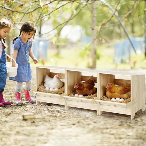 3 Compartment Chicken Nesting Box with Perches, Wooden Egg Laying Box Hens | 3 Packs, Floor / Stand / Wall Mount, Pull-out drawer, easy to get eggs, Easy Install / Clean, For Hens / Ducks / Chickens
