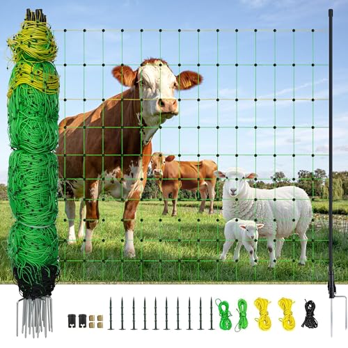 Electric Fence Netting, 164'L x 47.2" H Electric Fence Kit for Livestock, Farms, Backyards, Garden, Assembled Double Spiked Portable Electric Farm Fence - size: 164'L x 47.2" H
