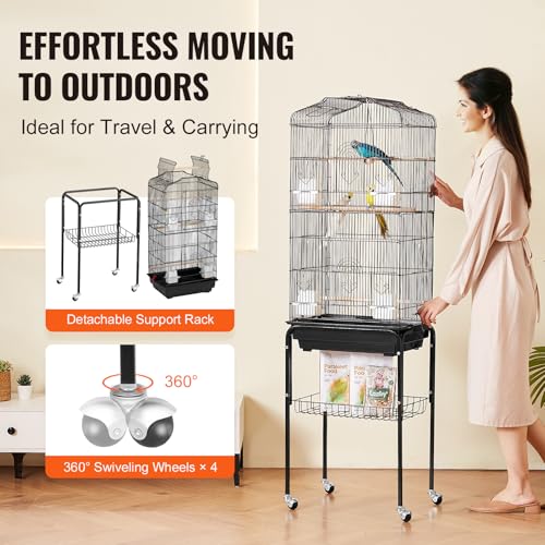 VEVOR 64-inch Open Top Large Parrot Bird Cage with Detachable Rolling Stand for Parakeets Finches Canaries Lovebirds Cockatiels Budgies Small Quaker Conures Flight Birdcage with Swing and Perch - size: 18.0"L x 14.0"W x 59.5"H
