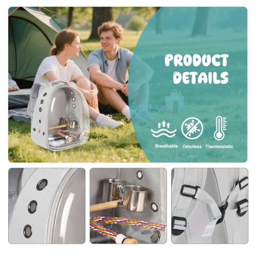 Bird Traval Carrier Cage, Multi Vent Holes Clear Space Capsule Astronaut Backpack to Carry Parakeet Cockatiel Parrot with Metal Tray Wood Perch, Vet Transport Book Bag - color: Grey