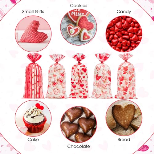 100 Pcs Valentine Treat Bags - Red Heart Cellophane Goodie Bags, Clear Plastic Happy Valentine's Day Cello Candy Gift Bag With Twist Ties for Wedding Anniversary Party Favors Supplies - color: Valentines
