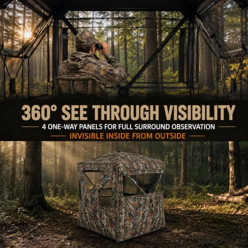 Hunting Blind See Through, Pop Up Ground Deer Blind, Large Door | 270/288/360 Degree See Thru, 1/2/3/4 Person Hunting Camouflage Tent, With/Without floor, Swing/Diamond/Horizontal Door Design - size: 2-3 Person, style: 360°/Swing Door