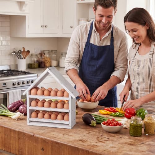 Wooden House Egg Holder Countertop,36 Hole,No Door,Whitewashed | 3 Tier, Pull out Fresh Egg Storage, Eggs Racks Basket, Counter Egg Organizer, Farmhouse Kitchen Deocrations Gift - color: Whitewashed, size: 36 Hole, style: No Door