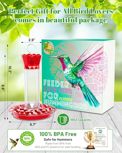 Hummingbird Feeders for Outdoors - 30 Bee Proof Feeding Ports 10 oz Red Hanging Plastic Humming Bird Feeder with Built-in Ant Moat, Perches for Outside Garden Yard Decorative