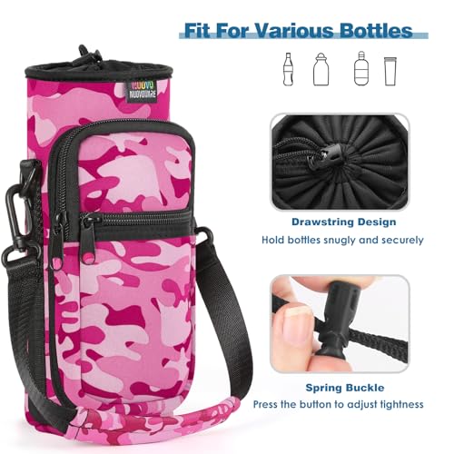 Nuovoware Water Bottle Carrier Bag, 25oz/32oz, Camouflage Pink | Adjustable Shoulder Hand Strap, 2 Pocket, Neoprene Sleeve, For Hiking Travelling Camping - color: Camouflage Pink, size: 25-32 Ounces - Standard