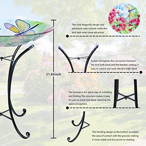 Glass Bird Bath with Metal Stand, Outdoor Garden Feeder, Dragonfly | Glass Large Bird Baths Bowl with Metal Stand for Outdoors, Dragonfly Patterns Bird Feeder for Outside Garden, Patio Decor - color: drgonfly