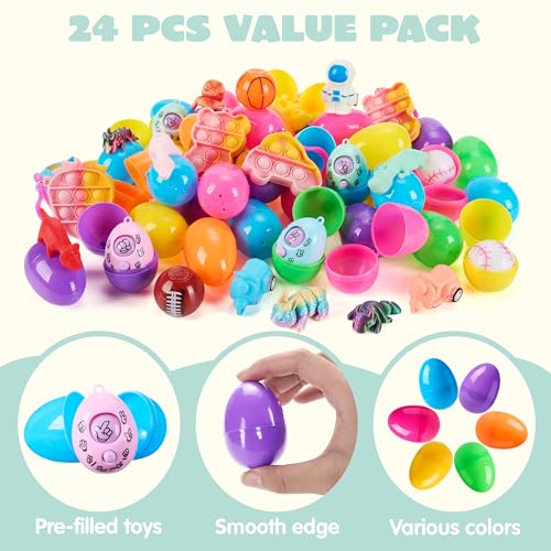 JJOYIN 24 Pcs Prefilled Easter Eggs with Assorted Toys, Filled with Easter Toys, Easter Basket Stuffers for Kids, Easter Egg Hunt , Classroom Prize Supplies - style: mix