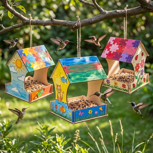 DoubleFill 6 Pack Wooden Bird Feeder Kits, DIY Bird House Kits, Build and Paint Craft for Adults, Unfinished Birdhouse Wood Craft for Educational Fun Art Outdoor Activities Gift