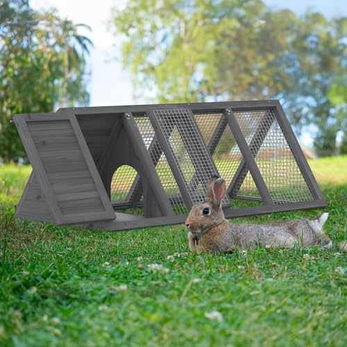 Rabbit Hutch, Small A-Frame Chicken Coop Outdoor w/ 2 Door & Run Cage(Gray) | Wooden Triangle Quail Hutch w/ Ventilating Wire Poultry Hutch for Small Animal Quail Cage Backyard - color: Gray