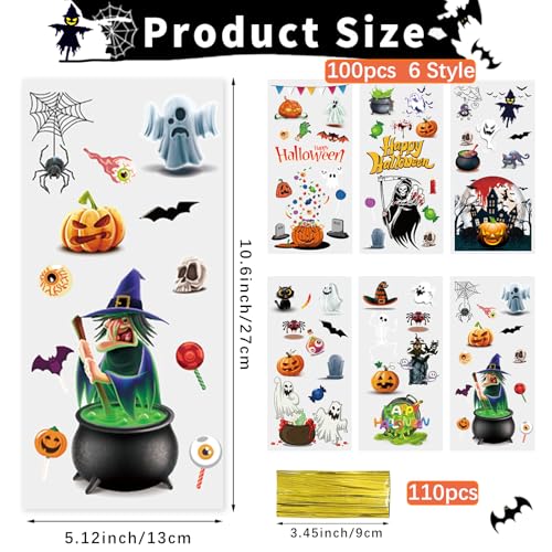 QOIUSO 100 PCS Halloween Clear Cellophane Treat Bags: Clear Candy Bags with 110 Twist Ties for Gooide Cookies Gifts and Party Favors Packaging, Halloween Trick or Treat Party Supplies - 6 Style - color: Halloween-100pcs