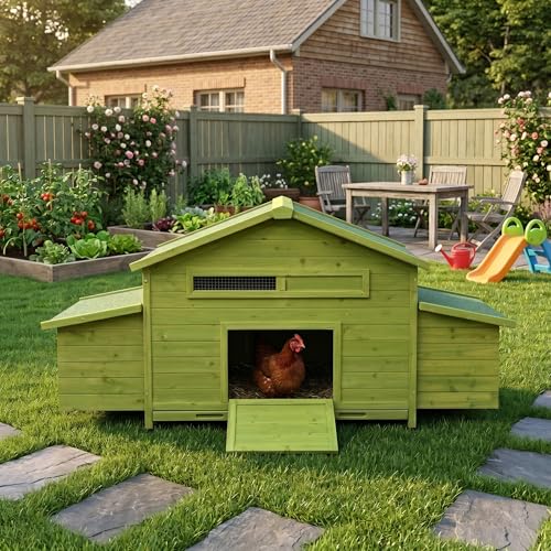 YOPTO Wooden Chicken Coop, 70 in, 2 Nesting Boxes, Green | Solid wood, Waterproof roof, 2 nesting boxes, Pull-out tray, Lockable doors, Ventilated design, Chicken perch - size: 70.0"L x 27.9"W x 31.8"H