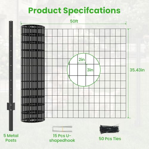 Welded Wire Garden Fence, 35.4Inch x 50FT Steel Poultry Fencing | Rust-Resistant Galvanized Animal Barrier Fence with Upgraded Metal Posts for Vegetable Garden, Flower Bed, Lawn, Backyards - color: Black, size: 35.4Inch x 50FT