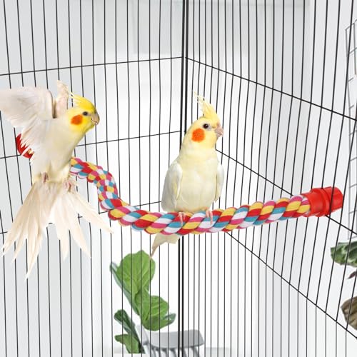 Hypeety Bird Rope Bungee Perch Adjustable Cage Stand Chewing Swing Toy | Stainless steel wire wrapped in soft cotton rope, u shape climbing perch, adjustable spiral stand for small and medium birds