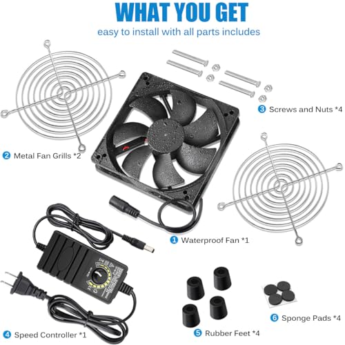 GDSTIME 120mm IP67 Waterproof Fan w/Speed Controller 110V 120V AC Powered | 12V Computer Fan with AC Plug, for Terrarium, Biltong Box, Chicken Coop, Greenhouse Cabinet, DIY Cooling Ventilation Projects - size: Waterproof-1225 w/ Speed Controller