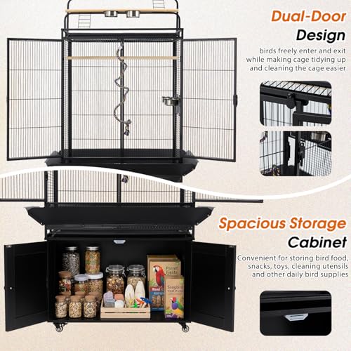 70" Large Bird Cage with Play Top, Metal Parrot Cage with Storage Cabinet | Tall Big Bird Flight Cage with Pull-Out Tray, Feeders, Cover, Stand, Rope, Aviary for Macaw Parakeet Cockatiel Budgie, Black