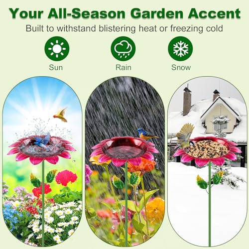 Bird Bath for Outside, 2 Pack 31.5 Inch Metal Bird Baths with Stake and Upgraded 5-Prong Base, Freestanding Sunflower Birdbath Birdfeeder Deep Water Bowl Feeder for Lawn Yard Garden Decor