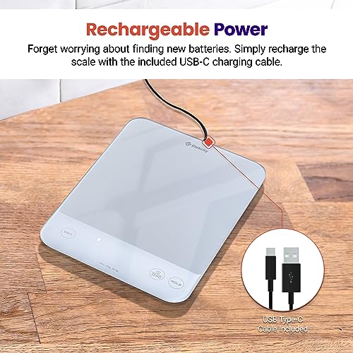 Etekcity 22lb Food Kitchen Scale, USB Rechargeable, IPX6 Waterproof | Digital scale with grams & ounces, 1g precision, 5 weight units, tare, ideal for baking and meal prep, White - color: Achromatic White