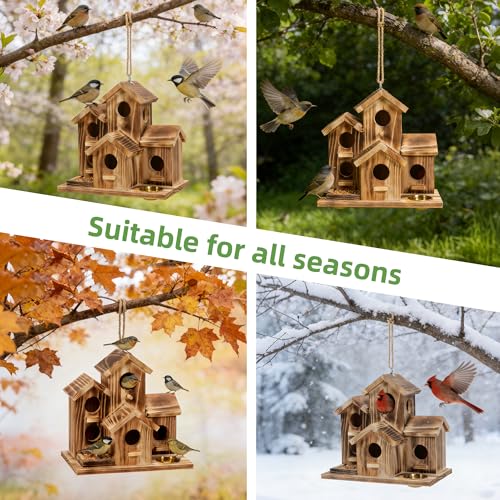 Bird House 5 Hole Bird Houses for Outside with Thickened Wooden Board，Birdhouse for Blue Bird Humming Bird and Chickadee Swallow. Hanging Edible Wild Bird Nest Garden Decorative