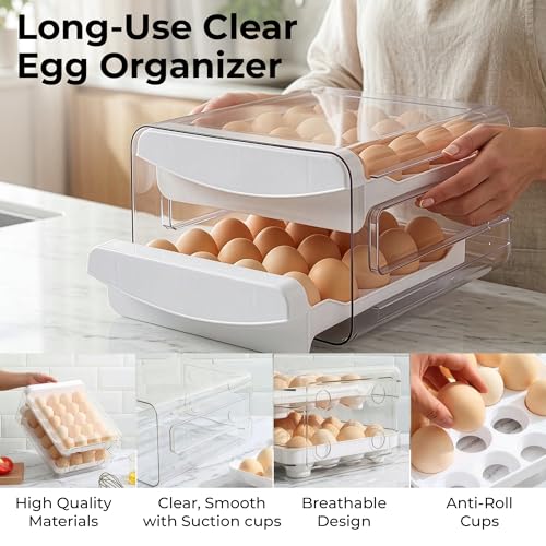 ALKAMI Egg Organizer for Refrigerator with Lid, Multi-Layer Egg Storage Container for Fridge 40 Eggs, Clear Plastic Dispenser Tray with Anti-Roll Cups, Large Capacity Space Saving Egg Bin