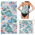 Holiday Beach Towel Bag 2 in 1 Tropical Leaves Beach Towel Backpack Convertible for Women Men - color: Tropical Leaves Blue