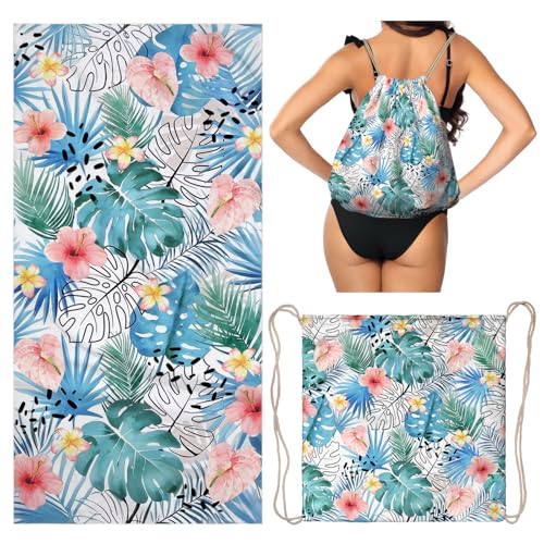 Holiday Beach Towel Bag 2 in 1 Tropical Leaves Beach Towel Backpack Convertible for Women Men - color: Tropical Leaves Blue