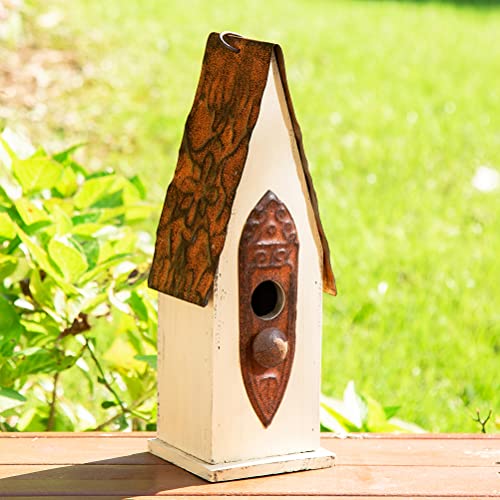 Glitzhome Bird Houses for Outside, Garden Hanging Birdhouse for Outdoors, 13.25" H Washed White Distressed Hand Painted Solid Wood Bird House for Bluebird Hummingbird Wren Finch Cardinals Cedar - color: Off-White