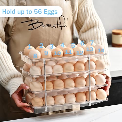 Egg Holder,4 Tier Clear Organizer with Auto-Roll Design, Adjustable Height Egg Storage Container Holds Up to 56 Eggs for Refrigerator,Kitchen Cabinet