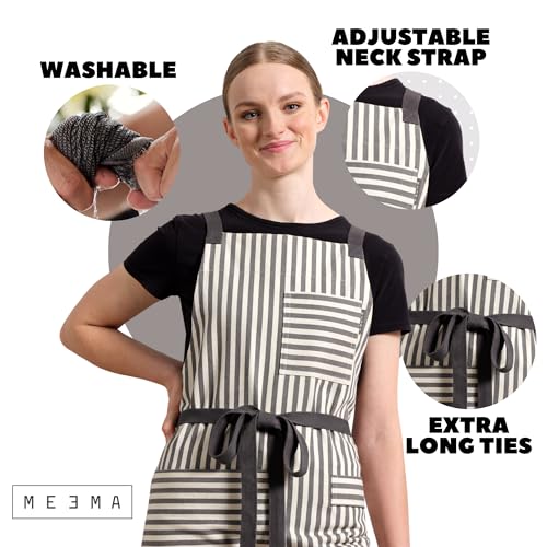 Chef Aprons for Women with Pockets, Adjustable Bib Aprons for Cooking - color: Charcoal Striped