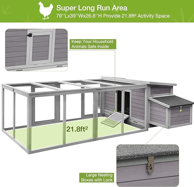 GUTINNEEN 103 in Large Chicken Coop and Run, Outdoor Wooden Chicken House for 4-6 Chickens, Hen House Poultry Cage with Nest Box, Grey - size: 103"L x 39"W x 26.8"H