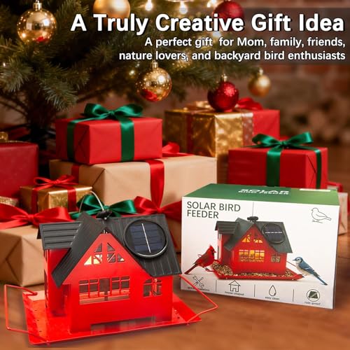 Solar Bird Feeders for Outdoors Hanging, Heavy-Duty All-Metal | House-Shaped Small Birdfeeders with Solar Lights, Charming Garden Decor, Unique Gifts for Bird Lovers, Mom and Grandma(Red) - color: Red