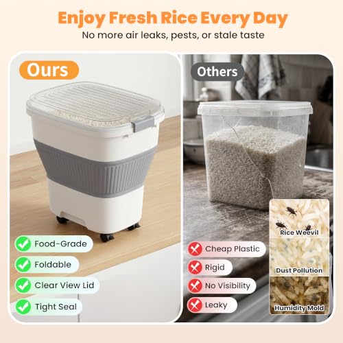 50 Lbs Rice Container, Collapsible Dog Food Storage Container | Airtight Cat Food Container with Wheels, Transparent Lid, Measuring Cup, Scoop, BPA Free for Pet Food, Grain, Bird Seed - color: 50 lbs