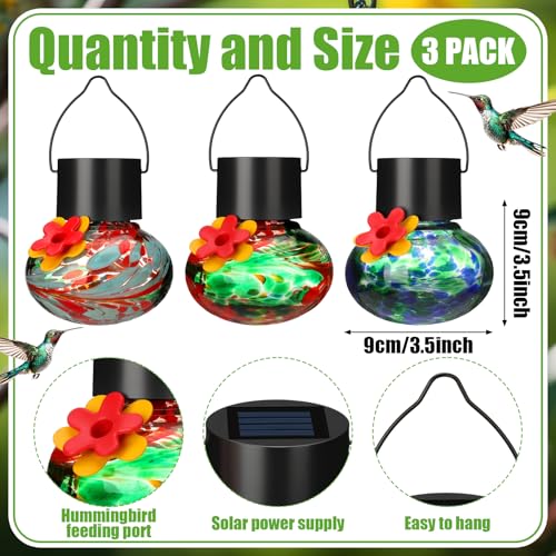 Nuogo 3 Pcs 3.54 Inch Blown Glass Hummingbird Feeders Solar Powered Hummingbird Feeder with LED Light for Garden Outdoors Window Decor Valentine Hanging Gifts Ant and Bee Resistant(Stylish Colors) - color: Color B, style: Classic