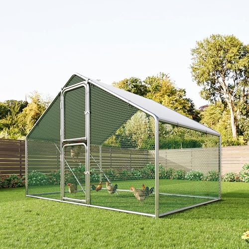 Amopatio Large Metal Chicken Coop 10x6.5 FT Walk in Chickens Run with Chicken Roosting Perch, Outdoor Chicken House with Security Lock and Split Door for Farm, Yard, Backyard - color: Silver, size: 79.0"L x 119.0"W x 79.0"H