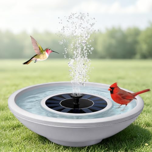 Solar Fountain Bird Bath for Outside Gray 12.5" Ground Level Bird Bath Tabletop Water Bowl with 6 Nozzles Bird Bath Bubbler for Hummingbird Wild Birds Outdoors Garden Patio Lawn Decor