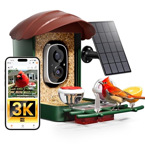 Bird Feeder with Camera Solar Powered, 3K HD Video, AI Bird Recognition, Auto Capture with Instant Notifications, IP65 Weatherproof, Gifts for Seniors Bird Watchers, Brown - color: Brown-3K