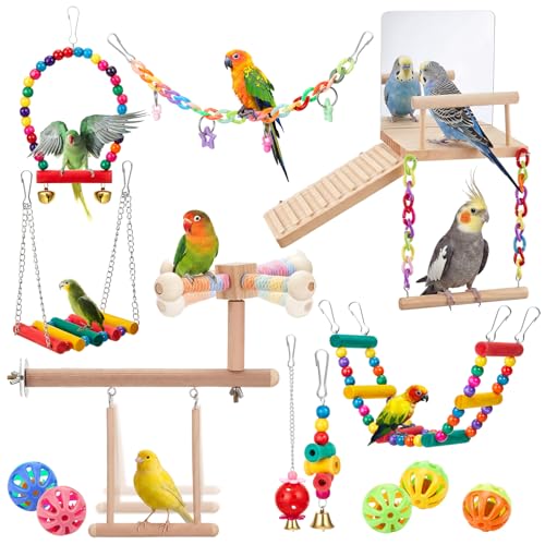 13 Pcs Bird Parakeet Toys, Bird Perch Platform Swing Mirror Ladder with 360° Spin Function, Hanging Parakeet Swing Birds Cage Accessories Toys for Cockatiel Lovebird Parrot