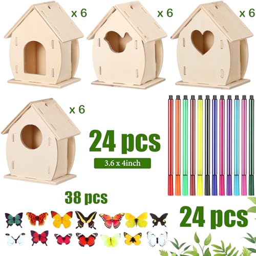 Outus 24 Pcs Wooden DIY Birdhouse Kits for Kids to Build, 4 Shapes Birdhouse Kit Wooden Unfinished with Butterfly Sticker for Boy Girl Arts Crafts(Cute) - style: Cute