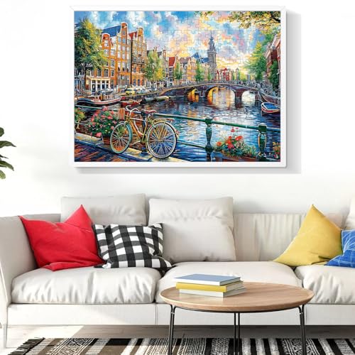 Jigsaw Puzzles 300 Pieces for Adults Bike Puzzles for Kids Ages 8-10 10-12 | River Bridge Town City Scenery Puzzle Games 300 Piece Puzzle Recycled Cardboard Puzzles Educational Toys Gift Family - color: Bike