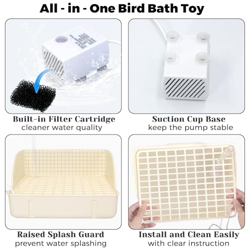 Automatic Parakeet Bird Bath with Pump, Large Bird Shower Fountain | Indoor Bathtub with Running Water, Parrot Bath Tub Faucet for Pet Birds, Cockatiel, African Grey, Budgie, Conure, Lovebird - color: White