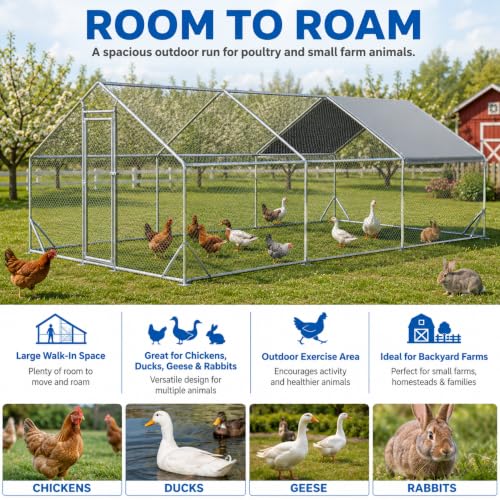 Large Metal Chicken Coop Run with Removable PE Cover, Walk-in Galvanized Steel Poultry Enclosure with PVC-Coated Wire Mesh and Lockable Door for Chickens, Ducks and Rabbits (10' Lx20' Wx6.56' H) - size: 240.0"L x 120.0"W x 78.7"H
