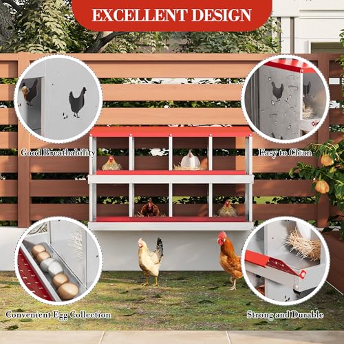 Galvanized Steel Chicken Nesting Box 8 Grids, Metal Egg Laying Boxes for Hens with Hinged Lid and Ventilated Design, Easy Clean Poultry Nest Box for Chicken Coop Accessories, Red, No Legs - color: Red, size: 8 Holes no Legs