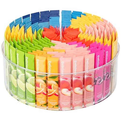 Divided Drink Packet Organizer, Largr Rotating Clear Lazy Susan Turntable | for Powdered Drink Mix, Water Drink Packet Holder, Water Flavor Packet, Coffee, Tea – Space-Saving Countertop Organizer - size: 1 Pack - Large 3 Section