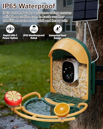 Bird Feeder with Camera, Smart Birdfeeder with Cam Solar Powered, 2K HD Video, AI Identification, Instant Arrival Alerts, IP66 Bird Bath & Feeder,Gift for BirdLover (with BirdBath, Dark Green) - color: Dark Green, style: With BirdBath