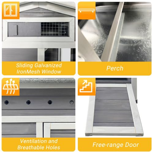 Gray Wooden Outdoor Chicken Coop with Asphalt Roof, Pull-Out Tray, Nesting Box and Latch-Secured Double Doors